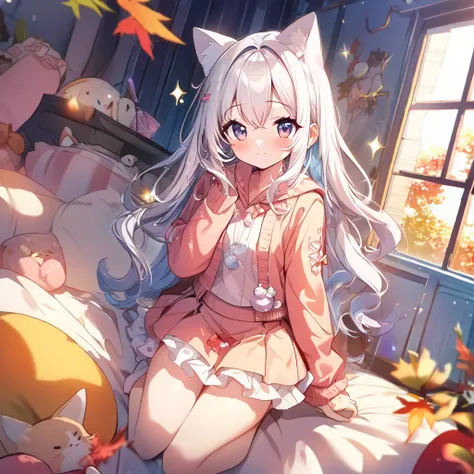 masterpiece, best quality, 4k、((2D illustration))、one beautiful girl、solo、(((chibi style)))、((cute))、((very young)), ((warm colors))、((long beautiful hair)), glossy light white hair, gradient hair color, hair between eyes, beautifully detailed eyes, ((autu...