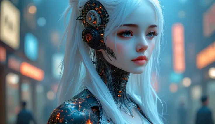 Beautiful android girl, mechanized body in places, wavy glossy long hair, full body, beautiful body line, skeleton costume, side shot, background is city in flames, beautiful lit by flame light, full body shot,