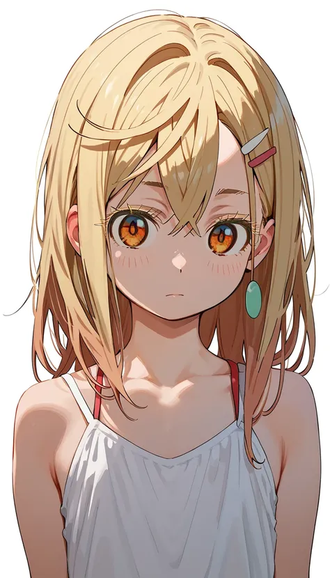  best quality, masterpiece, No fixes, Beark,shinosawa hiro,thin, orange eyes,White eyelashes,blonde,Long Hair, hair clips, flat chested,White background,,
