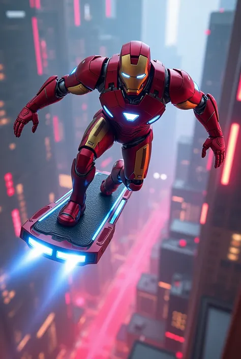 Iron man in avengers ride on his hoverboard cyber neon 