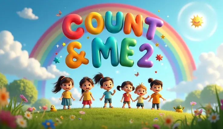 Setting**: A magical Pixar-style 3D scene that combines numbers, nature, and playful energy.  
- **Foreground**: A cheerful, animated group of s (ages 3-7) standing on a grassy hill. They are surrounded by glowing numbers (1 to 20) floating in the air, eac...