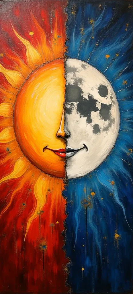 Abstract Painting　 half of its face is made of the moon and half of the sun 　 the sun is laughing The moon is smiling 　 The moon and the sun are on good terms, but each is in half 々The sun is divided by 　 The world is also split in half, and each has its o...