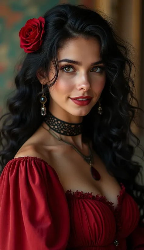 beautiful young woman, Bullish, seducing gaze, sultry, dark red dress, very curly hair, very long black hair, procelain white skin, smile, white teeth, Pombagira, witch, enchantress, necklase, bracelet, puffy dress, vestido de Queen, rose on head, beautifu...