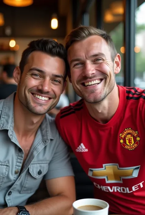 Selfie A handsome Indonesian young man is sitting drinking coffee with Wayne rooney, wearing a Manchester United shirt, smiling face look to camera, full body shot full accessories 