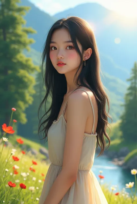 A stunning, photorealistic portrait of a beautiful teenage Asian girl standing outdoors in a serene natural setting. She has soft, smooth skin with a natural glow and delicate features, including almond-shaped eyes, a small, slightly upturned nose, and ful...