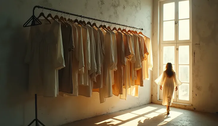 A hanger with old and worn clothes that casts strange shadows on the wall, representing other peoples stories. To one side, a figure wearing a luminous garment, radiant and confident, walking towards clarity