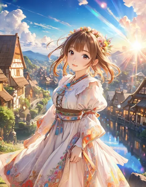 (( style :Colored pencil,Light color))、(Anime)、(masterpiece:1.2), atmospheric perspective , Lens Flare、 fantasy world folk costume、 girl、Sparkling、cute、 brown hair、art background 