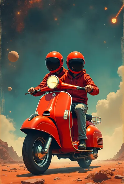 A faceless, red-helmeted grandfather and his faceless, red-helmeted grandson riding a moped Mobylette red jacket across the universe, movie poster style from the 60s 