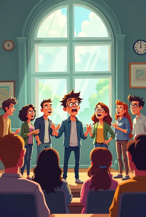 some college students were doing an oration inside the building in the form of a cartoon.