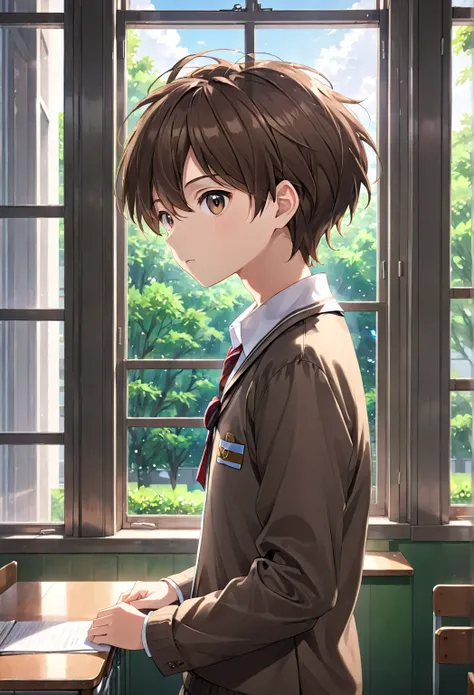 Brown haired anime boy, wearing school uniform, classroom, looking out the window, window