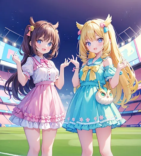 masterpiece, (There are two girls and two girls and two girls and two girls in the stadium), Idol, Big Eyes, Cutetech, Cute, cute,  pastel colors,  best quality,  happy ,  deep background, Symmetric, summer， owl under guard，