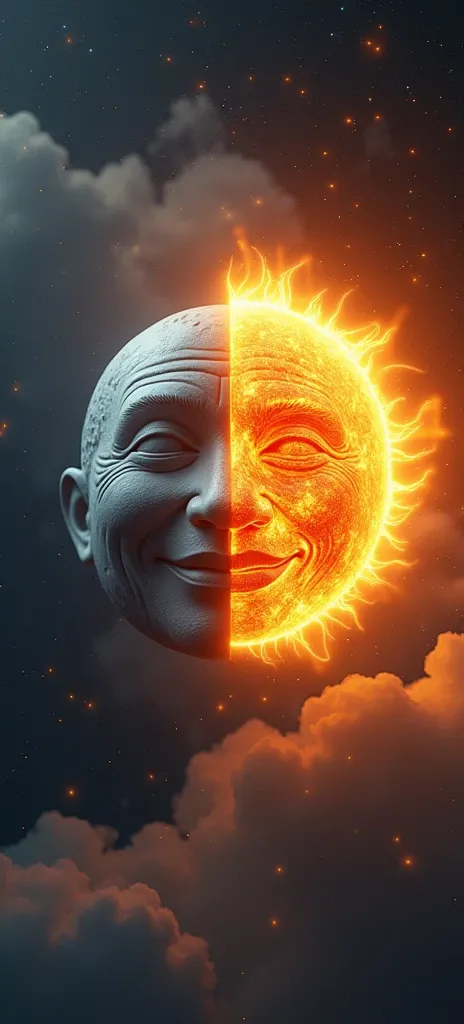  3d rendering 　 half of its face is made of the moon and half of the sun 　 the sun is laughing The moon is smiling 　 The moon and the sun are on good terms, but each is in half 々The sun is divided by 　 The world is also split in half, and each has its own ...