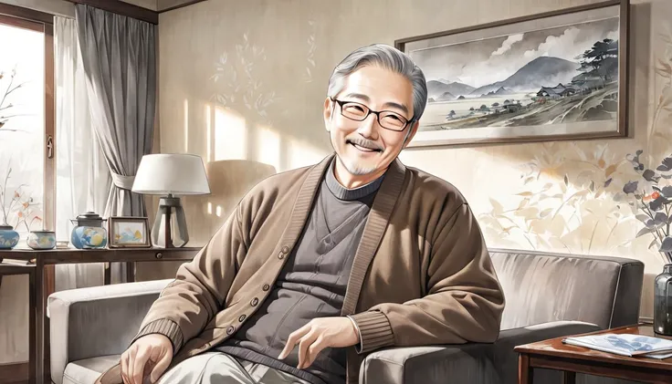 優しい笑顔の５０ -year-old gray-haired father with a gentle smile 、Brown sweater、 sits on the sofa、 Pencil drawing,  Ink Painting, Woodblock print,  Watercolor and Oil Painting Fusion ,。 further enhances the peaceful and nostalgic mood。 contrast between light and ...