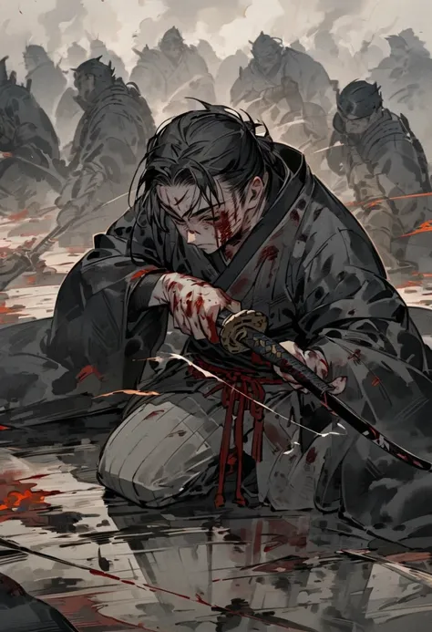 "A young samurai kneeling on the battlefield, bloodied and weary, holding his katana tightly in both hands. The battle around him is chaotic, with fallen warriors and smoke rising from distant fires. The samurai’s expression is one of resolve, reflecting h...