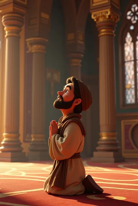 3D Disney style drawing in the shape of Samuel with clothes from the time of Jesus inside a temple praying and listening to the Lord Jesus speak 