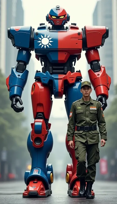 A Taiwanese soldier in modern military uniform marches confidently alongside a towering combat robot. The robot is painted in blue, red, and white, the colors of the Taiwanese flag, with a radiant white sun emblem prominently displayed on its chest. Its de...