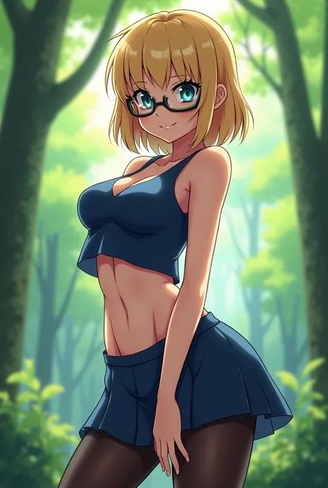 A shy anime girl, blue top, skirt, t-shirt, navel, strong abs, trees background, shy smile, pose sexy, stretching, curved torso, blonde hair, cian eyes, fit girl, ((huge plump breasts)), (oversized cat-eye glasses), black stockings 