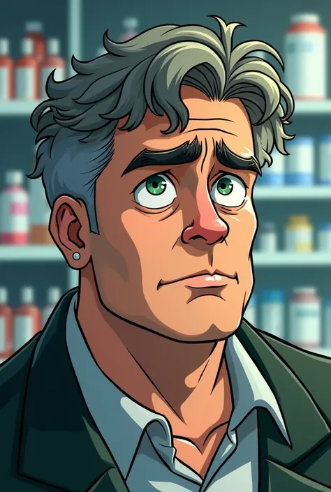 man with green eyes, no beard,  wavy hair , a little fat,  curly and short hair, adult, tired, pharmacy,  anime style  , masculine 