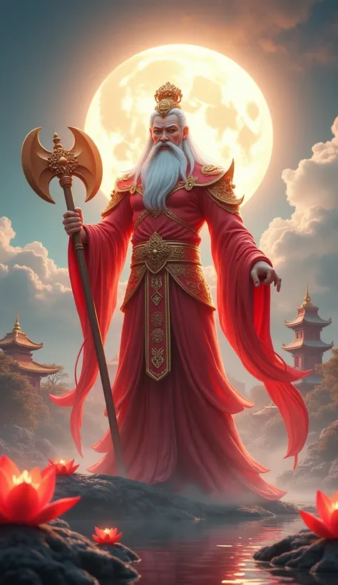  3D wide-angle full-body image ， Ganshani God holds an axe and a lotus 。 Muscle-tight ，six pack abs， Shiny red body 。 A beautiful fluffy white ornament with a golden pattern， Feet mid-height 。 With realistic theme ， Vibrant color ，reflection， Buried strong...