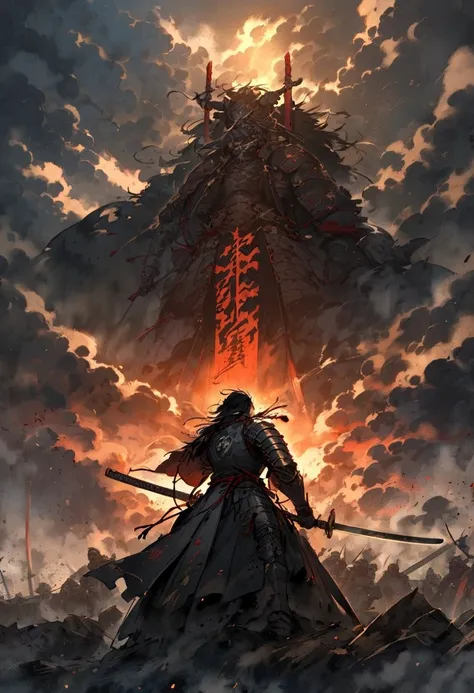 A samurai in traditional armor standing tall on the battlefield, holding his katana high as a final challenge to his enemies. The scene shows a dramatic sunset with dark clouds, symbolizing the end of an era and the final stand of a legendary warrior."