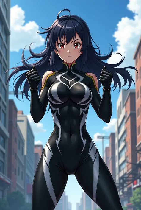 My Hero Academia Style , Anime girl, female, young female ,Full Body Shot,(fighting stance:1.3),Long hair, Black Hair,  Brown Eyes,Hero Suit, Full Body Suit, Black suit with White details, perfect anatomy,  Toughened Abs,super detailed,(Buildings:1.2）