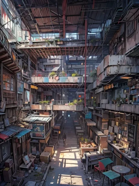  profile（ Under a concrete overpass , A concrete residential area that has been repeatedly expanded and renovated ）、The first floor is a food street,  multiple rooms are neatly arranged ，  cyberpunk style characters  、Abandoned Earth Style , Dilapidated bu...