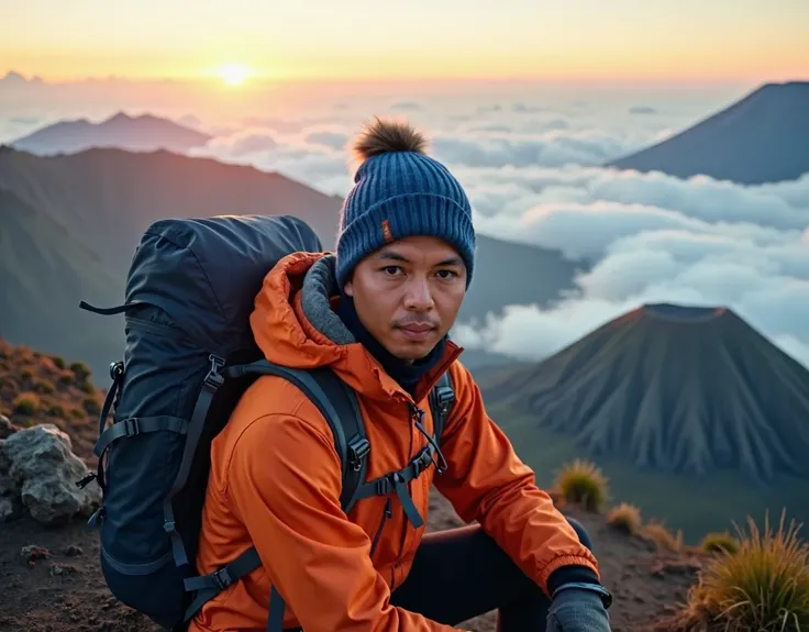 A young Javanese man, handsome, wearing a blue wool beanie hat and orange outdoor jacket, sits on a mountain ridge at sunrise with his face facing the camera. Hes carrying a large hiking backpack, and the backdrop features a stunning volcanic crater surrou...