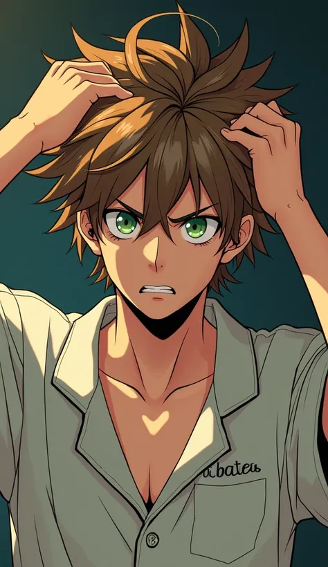 young man, Really messy light brown hair, really dark dark green eyes, touches his hair angrily, wears Manhwa style pajamas 