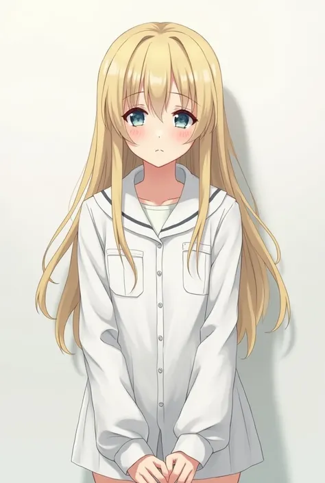 Anime girl, long blonde hair, blue eyes, sad expression, white prisoner uniform