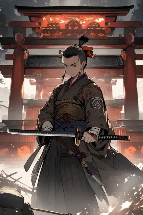  facing the front、Japanese samurai、 Holding a Japanese sword、Topknot、Burning Shrine 、ソロ, 
歯を食いしばる、