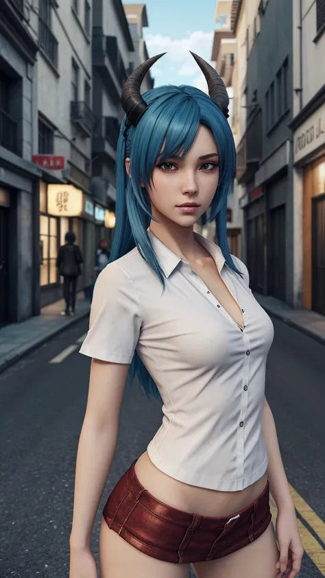 Anime girl with blue hair and horns on a street, 3D realistic anime, 2. 5 d cgi anime fantasy artwork, anime style 3d, anime style. 8k, 4k anime style, 3d style realistic anime, deviantart artstation cgscosiety, digital anime art, guweiz style art art, det...