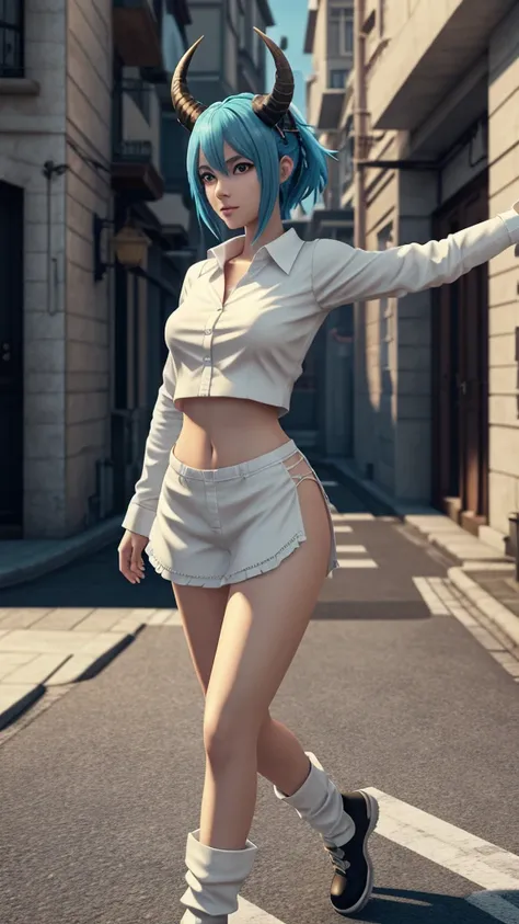 Anime girl with blue hair and horns on a street, 3D realistic anime, 2. 5 d cgi anime fantasy artwork, anime style 3d, anime style. 8k, 4k anime style, 3d style realistic anime, deviantart artstation cgscosiety, digital anime art, guweiz style art art, det...