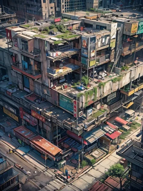  profile（ Under a concrete overpass , A concrete residential area that has been repeatedly expanded and renovated ）、The first floor is a food street,  multiple rooms are neatly arranged ，  cyberpunk style characters  、Abandoned Earth Style , Dilapidated bu...