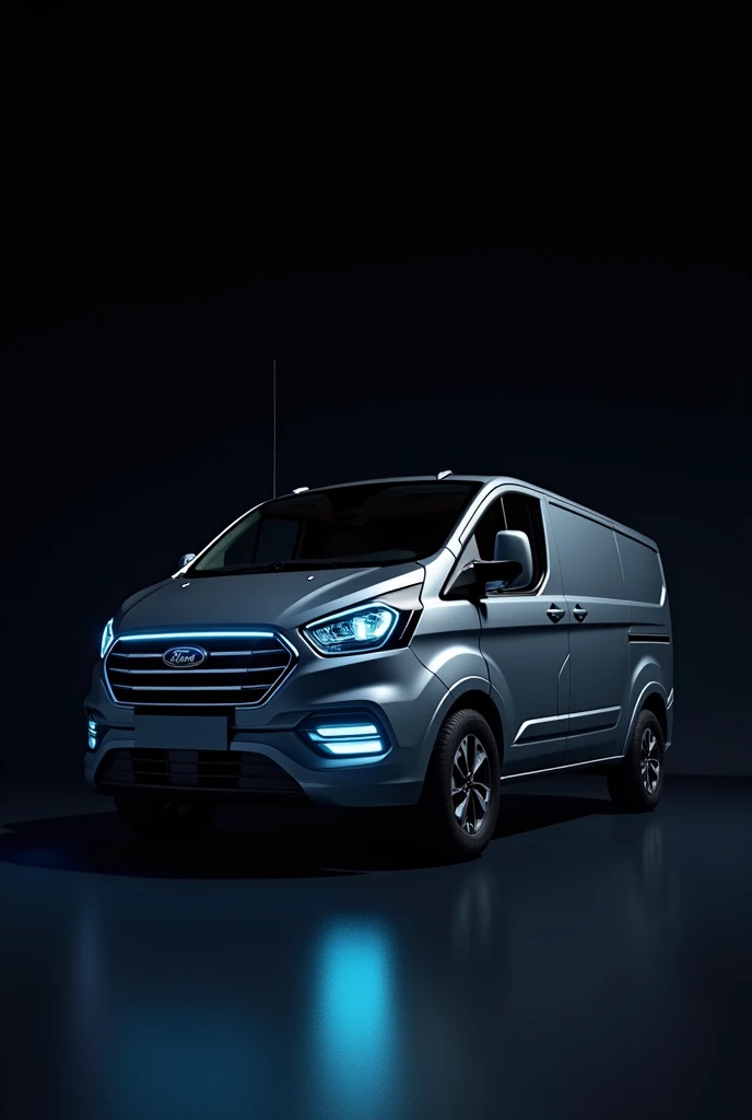 A Ford e-Transit in profile with the blue radiator grill with a black background 