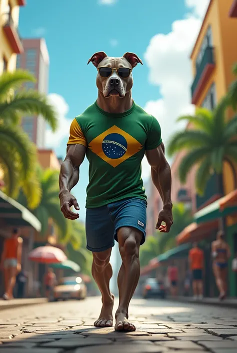 Pitbull with muscular human body . With t-shirt from Brazil , Oakley Juliet glasses.  Walking in the most famous city in Brazil