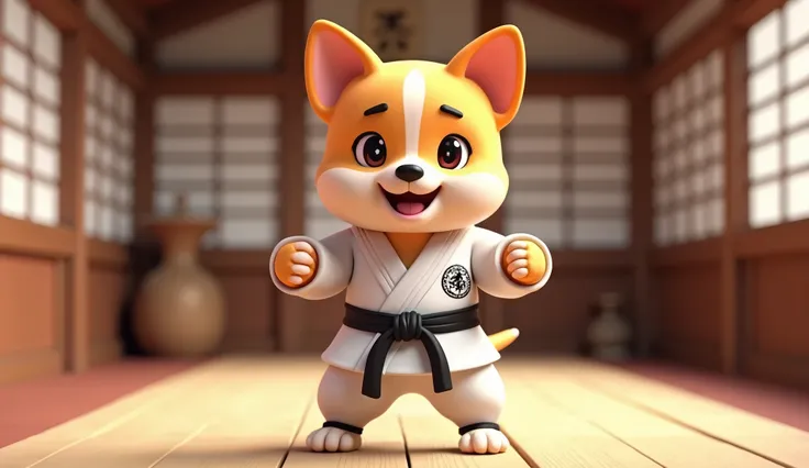  dog wearing a karate uniform, in a 3D chibi cartoon style.