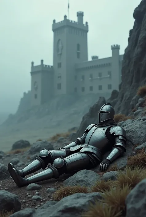 A fallen knight but the armor is empty and lays on a rock the view is pointet on a big castle 