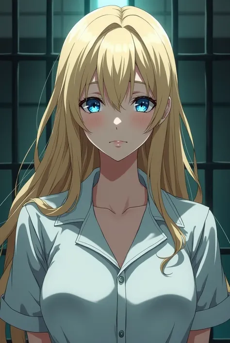 Anime woman, long, blonde hair, blue eyes, emotionless expression, white prisoner uniform