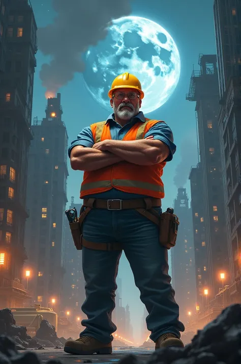 A fat engineer wearing safety gear stands with his arms crossed in the middle of a city with smoke behind him and a moon and stars in the sky.