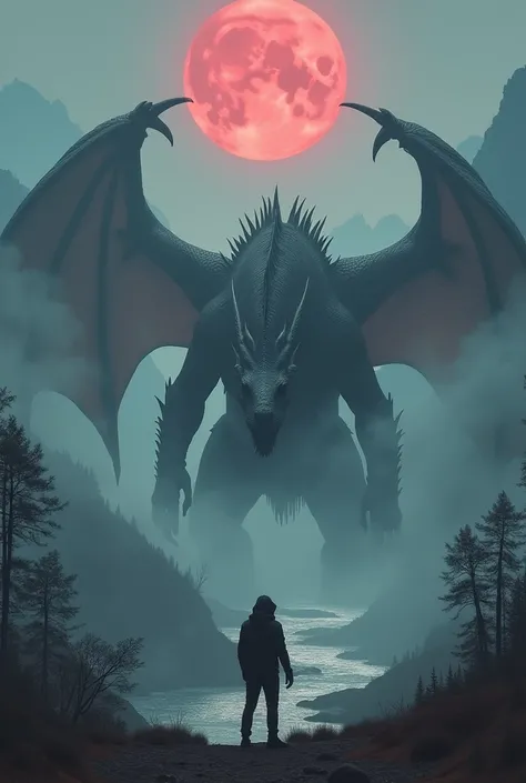 A large, spiky dragon stared at the hacker through the mist, with mountains, a river, and a red moon visible in the background.