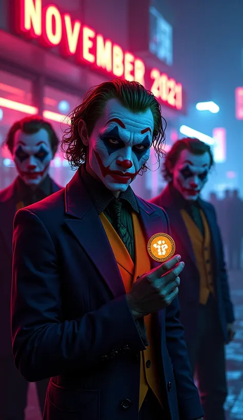 Men wearing full face mask joker, holding Catcoin, in background 26 November 2021 in glowing, Neon Effect 