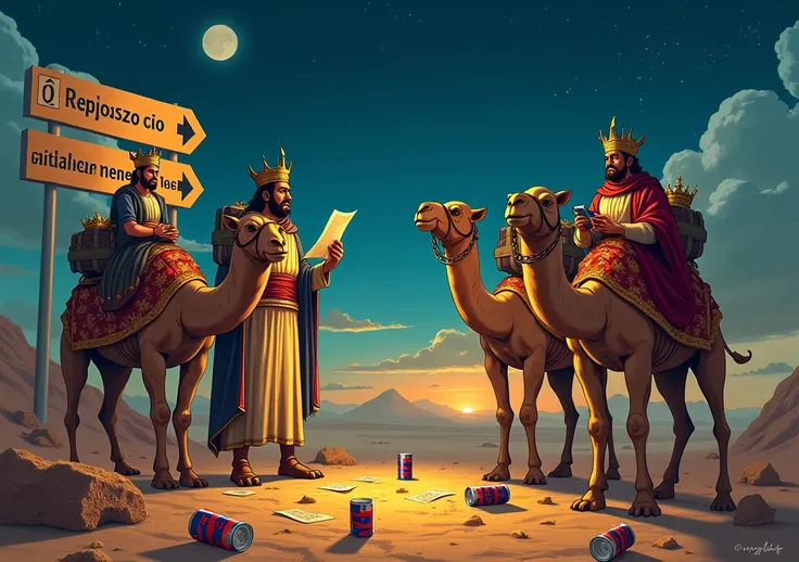 son 3 camellos y tres reyes magos

Ultra-detailed digital art prompt for The Lost Three Kings:

MAIN SUBJECTS:

Three confused royal figures in luxurious but disheveled attire
Melchior checking ancient GPS (star) device malfunctioning
Gaspar consulting out...