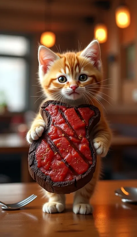 cute kitten in steak costume、 The kitten is standing on two legs like a human、 restaurant 、Realistic