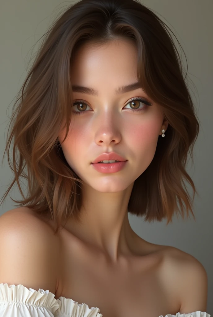  Shoulder-length light brown hair, big brown eyes, Greek nose, Labios pequeños, round cheeks,  long eyelashes , thick eyebrows,  small bust,  large rear