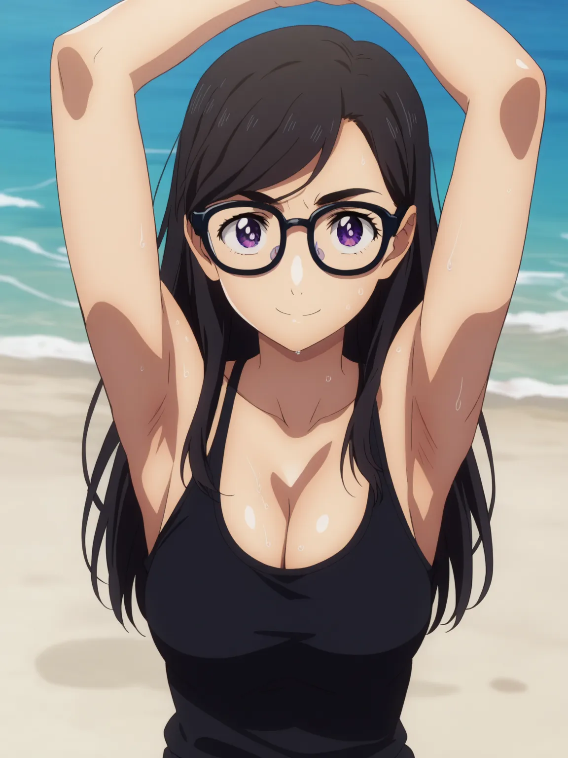 score_9, score_8_up, score_7_up, source_anime, anime screencap, 1girl, solo, hizuru minakata, long hair, black hair, glasses, pu...