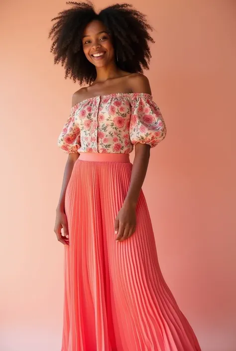 Coral pink pleated skirt paired with a fitted off-shoulder balloon crafted floral top.✔️ African American Latino lady smiling glowing skin curly hairstyle wearing the outfit full picture 9:11size