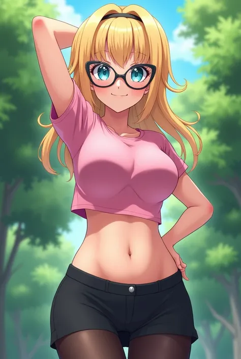 A shy anime girl, skirt, pink t-shirt, navel, strong abs, trees background, shy smile, pose sexy, stretching, curved torso, busty blonde, cian eyes, fit girl, ((huge plump breasts)), ((oversized cat-eye glasses)), black stockings 