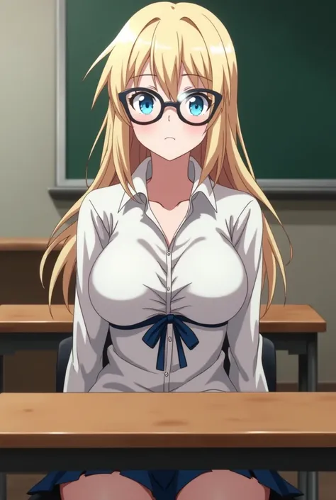 screenshot of my hero academia, ,light blonde hair,  bright blue eyes, ((oversized cat-eye glasses)), The shirt tied at the waist revealing her slim and curvy waist, white and beautiful skin, ((huge sexy breasts)), sitting at a table in a classroom, with h...