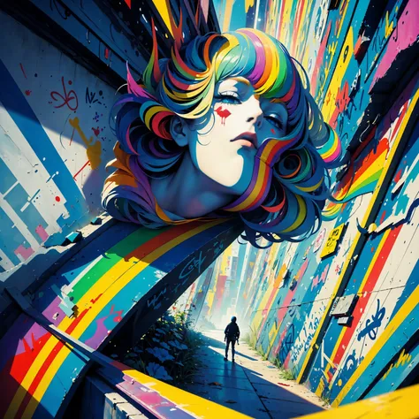 (masterpiece, best quality:1.2), Graffiti Comics，Graffiti, wall, whole picture, High resolution and high contrast,simple,knight，alone，Abstract surreal colors, popular geometric surrealism, rainbow colored dreams