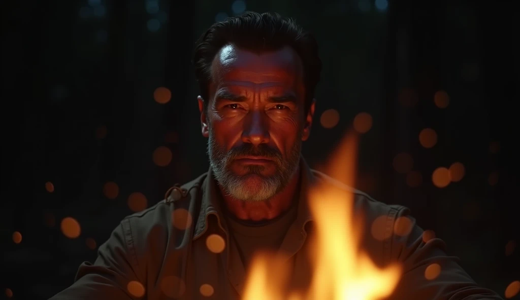 A bonfire stands out in front of the screen, behind it we have in the center the dark face of Arnold Schwarzenegger staring straight ahead, with a grayish beard, he is in the dark, dark night, black background, black forest only the glow of the bonfire ref...